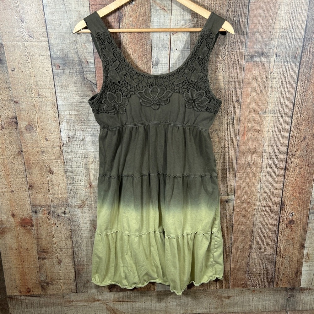 Currants Ombre Dress Medium Olive Green Crochet Lace Boho Midi Babydoll Tiered